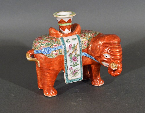 Inventory:  Chinese Export Porcelain, Chinese Export Porcelain Canton Famille Rose Elephant Candlestick, 1860, $3,750