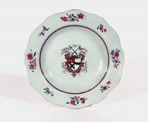 Inventory:  Chinese Export Porcelain, Chinese Export Porcelain Armorial Soup Plate, Arms of Johnson impaling West, 1765, $750