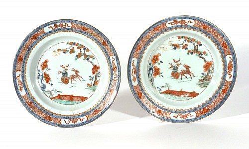 Inventory: Chinese Export Porcelain Chinese Export Porcelain Verte Imari Soup Plates with Deer in Garden, Late Kangxi to Yongzheng