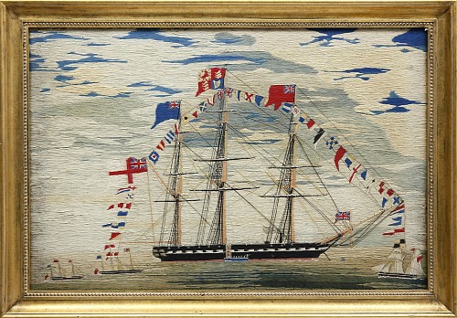 Sailor's Woolwork Large Sailor's Woolwork of a Fully Dressed Royal Navy Frigate with Royal Standard, 1865-75 SOLD •