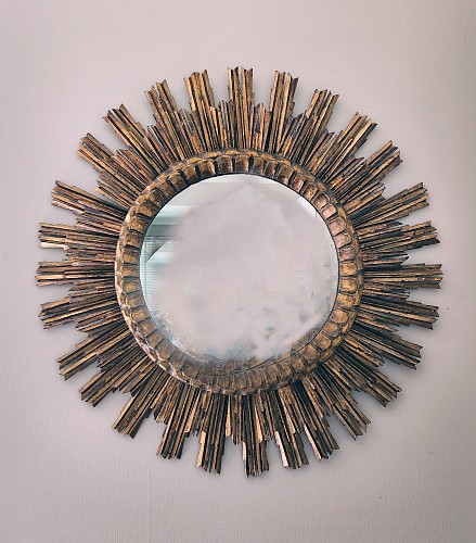 Vintage Mid-century Spanish Sunburst Circular Giltwood Mirror, 1940s-50s $2,500