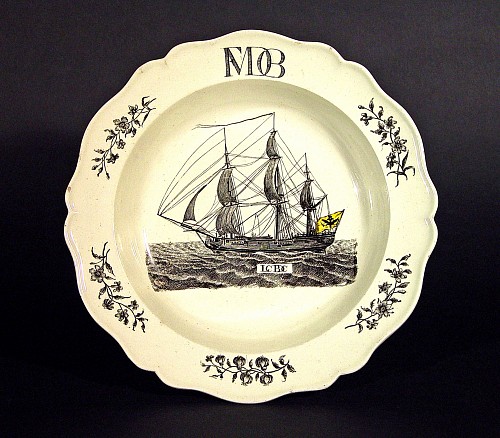 Wedgwood Pottery Antique English Wedgwood Creamware Soup Plate with Ship Flying the Flag of the last German Emperor, Circa 1775-90 $2,200