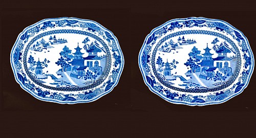 Inventory:  Pearlware, Antique English Pottery Pearlware Underglaze Blue Chinoiserie Oval Dishes, Circa 1780, SOLD •