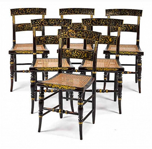 Inventory:  American Furniture, Antique New England Hitchcock Chairs Rosewood Painted & Stenciled Flowering Plants and Leaves, 1840, $6,500