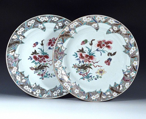 Inventory:  Chinese Export Porcelain, Chinese Export Famille Rose Porcelain Pair of Dishes, Circa 1730-35, $7,500
