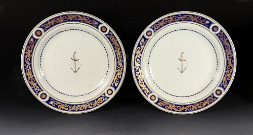 Inventory: Chinese Export Porcelain Chinese Export Porcelain Armorial Crested Pair of Plates, Bird & Anchor, Possibly Gray Family, 1800 $1,250