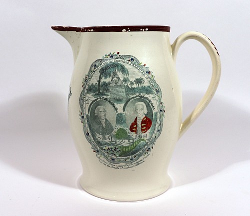 Creamware Pottery The Memory of Washington and the Proscribed Patriots of America Transfer and Painted Creamware Jug, 1800-1815 $5,000