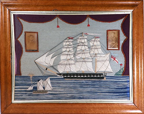 Sailor's Woolwork British Sailor's Woolwork of Royal Navy Ship at Sea, 1870 SOLD •