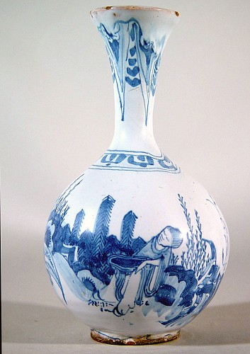 German Faience 17th-century Frankfurt German Faience Blue & White Chinoiserie Bottle Vase, Circa 1680-90 $950