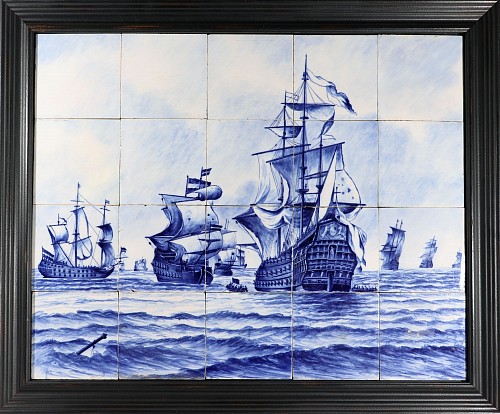 Inventory: Dutch Delft Dutch Delft Tile Large Picture of A Fleet of Ships, 19th Century $4,000