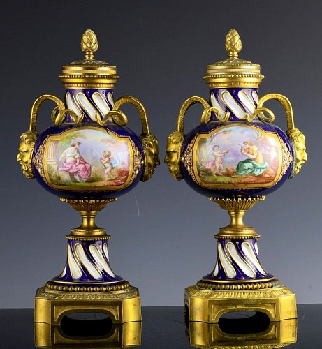 European Porcelain French Serves-style Porcelain & Gilt Bronze Cassolettes Urns, 1880-1900 $3,750