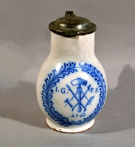 German Faience German Blue & White Faience Jug with Pewter Cover, 18th Century $650