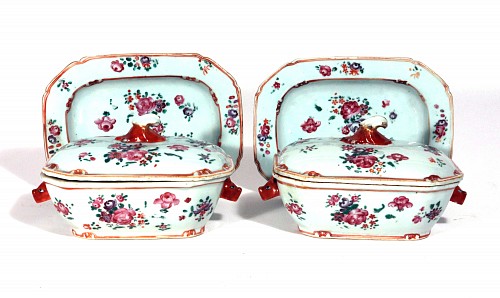 Chinese Export Porcelain Chinese Export Porcelain Famille Rose Sauce Tureens, Covers & Stands, 1775 $4,000