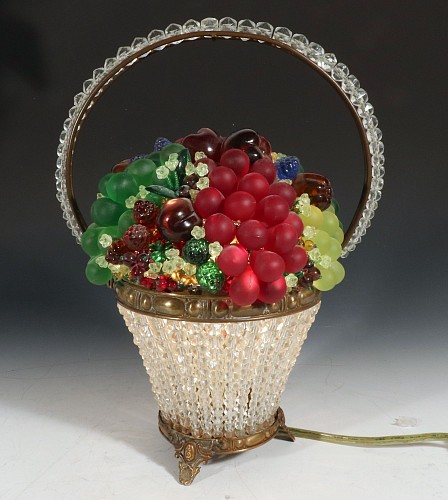 Vintage Czechoslovakian Glass Fruit Beaded Basket Accent Lamp, 1920-30s SOLD •