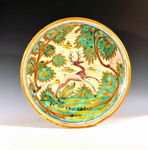 Spanish Faience Spanish Large Faience Charger with Leaping Stag, Talavera, 1780-1800 $3,850
