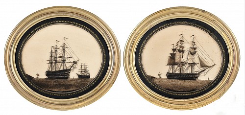 Inventory: English Framed Nautical Silhouette on Glass of HMS Victory and The Hogue and HMS Royal Albert, Mid 19th Century $7,500