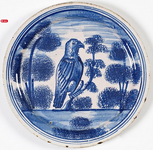 British Delftware English Delftware Plate with Hawk Perched on Tree, London, 1710-25 $2,250