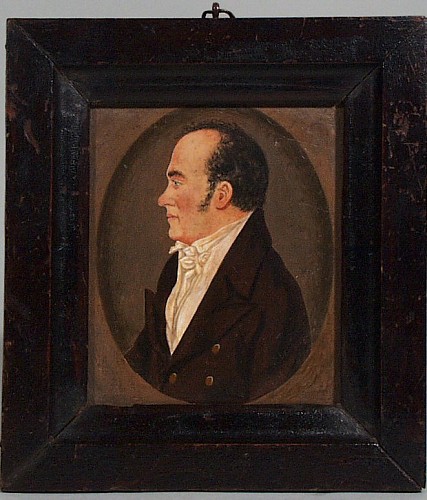 Inventory:  Portrait Miniature, English Portrait Miniature Profile of a Man, Oil on Board, Circa 1820-35, $600
