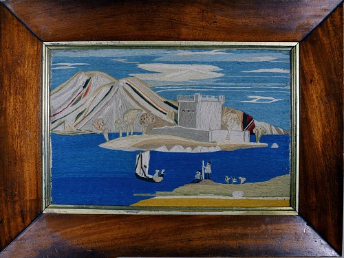 Inventory:  Sailor's Woolwork, 19th Century British Sailor's Woolwork of Riverscape, 1875, SOLD •