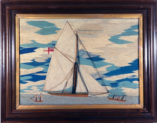 Sailor's Woolwork Sailor's Woolwork of Gaff-rigged Sloop with Two Other Ships, 1870 SOLD •