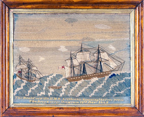 Inventory:  Sailor's Woolwork, British Sailor's Woolwork with Sea Rescue, HMS Arethusa & the George Duncan, 1865-75, SOLD •