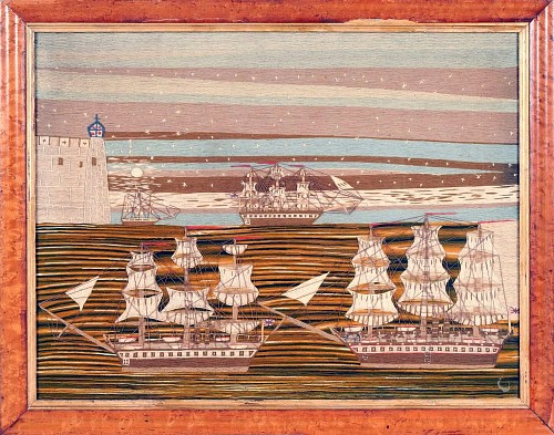 Sailor's Woolwork Large British Sailor's Woolwork with Four Ships Sailing Under Starlight, 1860-75 SOLD •