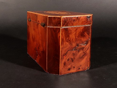 British Furniture Georgian Burl Yew and Satinwood Octagonal Tea Caddy with Conch Shell Panels, 1780-90 SOLD •