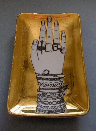 Inventory: Piero Fornasetti Fornasetti Tray with Hand with Jewelry on Gold Ground $895