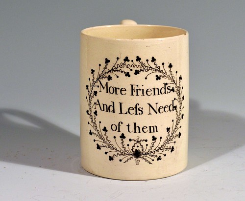Inventory: Creamware Pottery Creamware Mug with Motto- More Friends and Less Need of them, 1800-10 $1,250