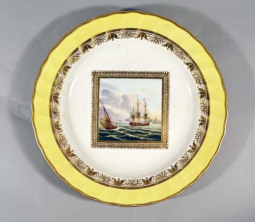 Inventory: A Yellow Ground Border Derby Porcelain Plate decorated with Maritime Scene, leighing Anchor, Pattern No. 226, Attributed to George Robinson, Circa 1797-1800., SOLD •