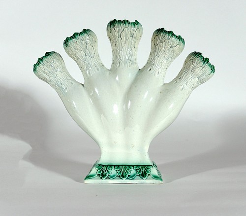 Inventory:  Creamware Pottery, 18th-century Creamware Flower Finger or Quintell Vase with Green Molded Leaves, 1785-1800, SOLD •
