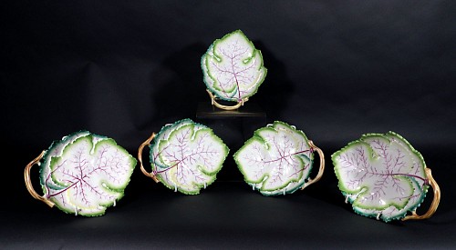 Inventory:  Royal Worcester, Royal Worcester Bone China Porcelain Leaf-shaped Dishes, Pattern 3628, Set of Five, 1958, SOLD •