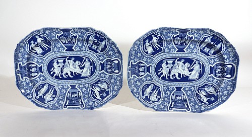 Inventory:  Spode Factory, Spode Pottery Neo-classical Greek Pattern Blue Pair of Dishes, Bacchus Mounted on a Panther, 1810-25, $3,500