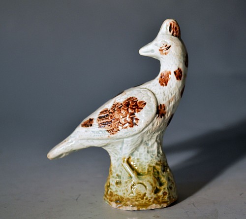 Inventory:  Pearlware, Antique English Pearlware Toy Pottery Mottled Bird Figure, Circa 1780, $500