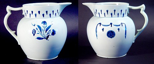 Inventory:  Pearlware, Antique English Pearlware Pottery Large Underglaze Blue Jug, Circa 1820-30, $750