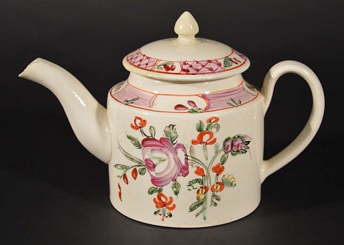 Inventory:  Creamware Pottery, Antique English Creamware Polychrome Teapot and Cover, Circa 1785-90, $900