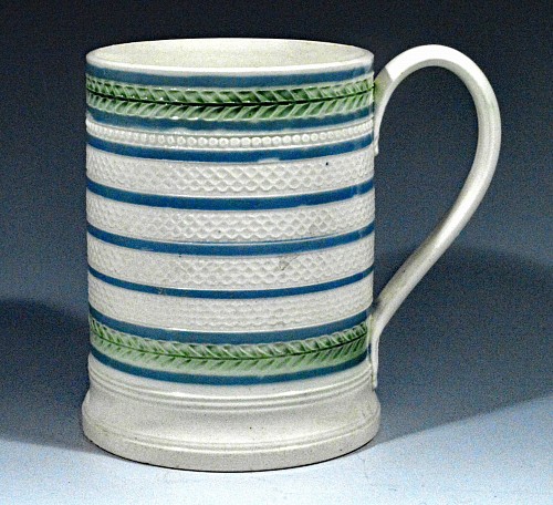 Inventory:  Creamware Pottery, Antique English Creamware Green-banded Tankard, Circa 1810-20, $1,250