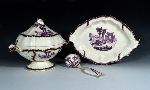 Inventory:  Creamware Pottery, Antique English Creamware Puce Feather-edged Sauce Tureen, Cover, Stand and Ladle, Neale & Co., Circa 1780-85, $2,500