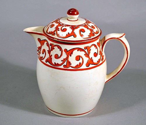 Inventory:  Creamware Pottery, Creamware Covered Jug and Cover with Orange Foliate Scroll Designs, Circa 1820, $650