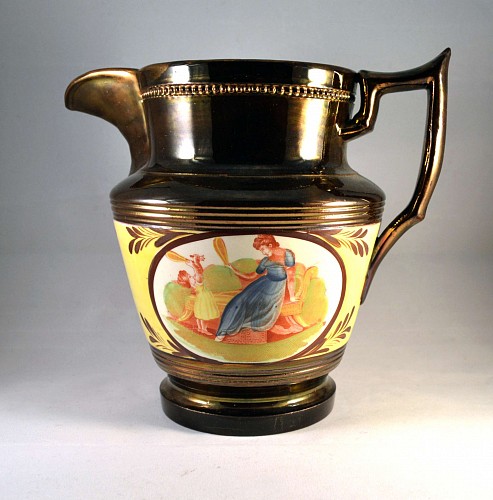 Search:  Pearlware, English Pottery Copper Lustre & Yellow Large Jug with Panels of  Adam Buck Figures, Probably Enoch Wood, Circa 1810-30, $95