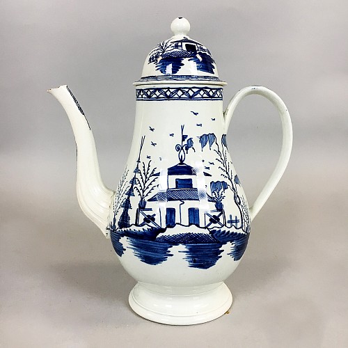 Inventory:  Pearlware, 18th-century Blue & White Pearlware Chinoiserie Coffee Pot & Cover, Circa 1785, $650