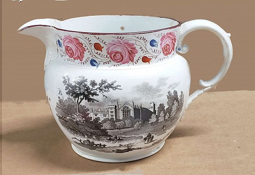 Inventory:  Pearlware, Pearlware Jug with Scene of an Abbey surrounding the body and Painted Roses around the Rim, Circa 1820