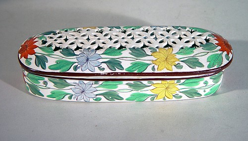 Inventory:  Pearlware, Antique English Bristol Pearlware Covered Toothbrush Holder Box decorated with Flowers, Circa 1820, $650