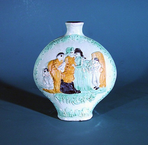 Inventory:  Pearlware, Antique English Pottery Prattware Flask, Circa 1800, $2,000
