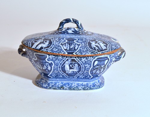 Inventory:  Spode Factory, Copeland Neo-classical Greek Pattern Blue Sauce Tureen & Cover, 1847, $750