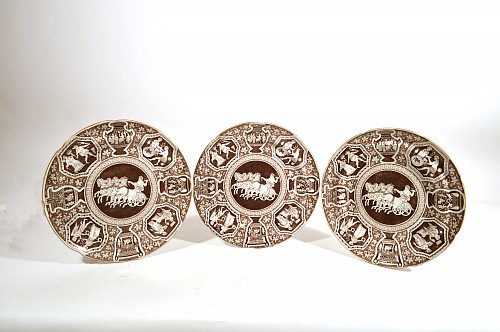 Inventory:  Spode Factory, Spode Neo-classical Greek Pattern Rare Black Dinner Plates, Zeus in His Chariot-
Set of Three, 1810, $1,200