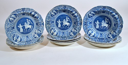 Inventory:  Spode Factory, Spode Neo-classical Greek Pattern Blue Soup Plates- Refreshment for Phliasian Horseman-Set of Twelve (12), 1810, $4,200