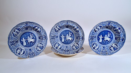 Inventory:  Spode Factory, Copeland-Late Spode & Copeland & Garrett  Neo-classical Greek Pattern Blue Soup Plates- Refreshment for Phliasian Horseman (Set of Four), 1845, $1,600