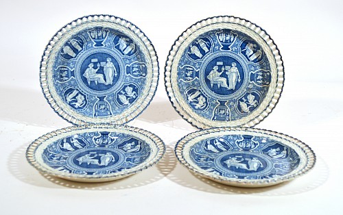 Inventory:  Spode Factory, Spode Neo-classical Greek Pattern Blue Openwork Dessert Plates, Four Plates (4), Ceres with a Priestess,, 1810, $1,800