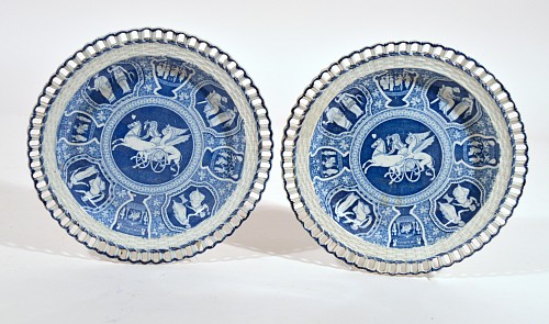 Inventory:  Spode Factory, Spode Neo-classical Greek Pattern Blue Openwork Dessert Plates- Pair of Plates-Attack of the Griffin, 1810, $450